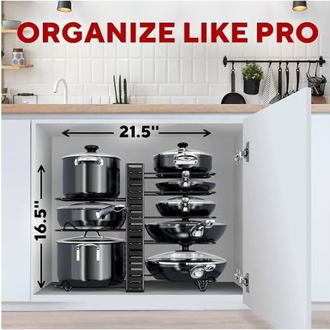 Organisateur de casseroles et poêles à 8 niveaux réglables, à placer sous un meuble, support robuste pour ranger casseroles, poêles et couvercles, organisation facile de la cuisine (1/5)