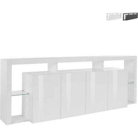 Große Wohnzimmer-Kommode mit 4 Türen 220x40x80, modernes Design, Towyn - Weiß glänzend