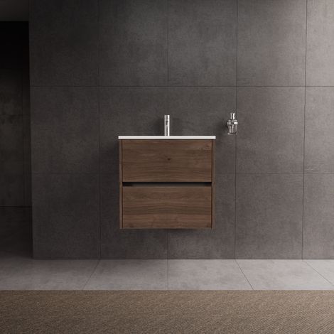 Inda - Badezimmerschrank 2 Schubladen L.60 mit glänzendem Waschbecken / Braune Eiche - Diamante (1/5)
