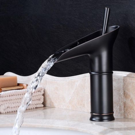 Grifo mezclador de lavabo tipo cascada, grifo de baño corto, latón macizo, agua fría y caliente regulable, negro. (1/4)