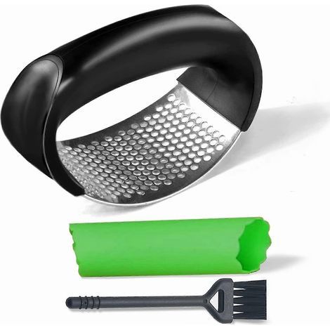 Knoblauchpresse mit Wippmechanismus aus Edelstahl, passender Knoblauchzerkleinerer und Silikonroller (1/5)