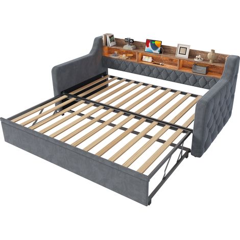Canapé-lit 90x190 cm en velours avec espace de rangement, éclairage LED, ports USB & Type-C, gris foncé, sans matelas (1/5)