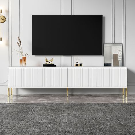 Mueble TV (190x38x48 cm), gran capacidad de almacenamiento, puertas con diseño ranurado, patas doradas, MDF y tablero de partículas blanco (1/5)
