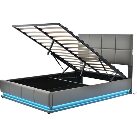 Lit rembourré 140x200 cm avec éclairage LED et coffre de rangement à relevage hydraulique, coffre de lit et sommier à lattes, revêtement en similicuir, lit double pour adultes et adolescents, gris (1/5)