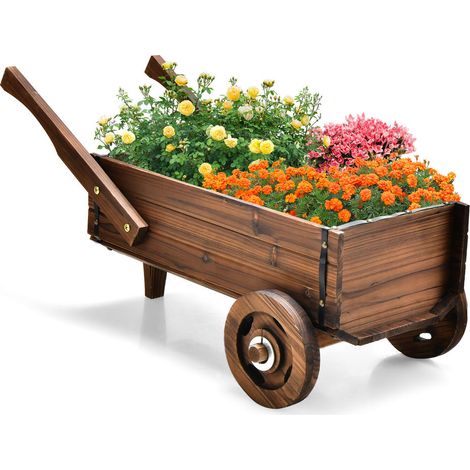 Bois de sapin carbonisé, jardinière chariot sur roues avec drainage pour plantes et déco intérieur extérieur (1/5)