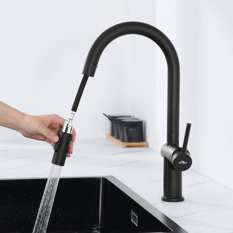 Auralum Mitigeur de Cuisine Rotatif à 360° - 2 Fonctions Douchette Extractible - Robinet Cuisine Noir avec Barboteur démontable (1/5)