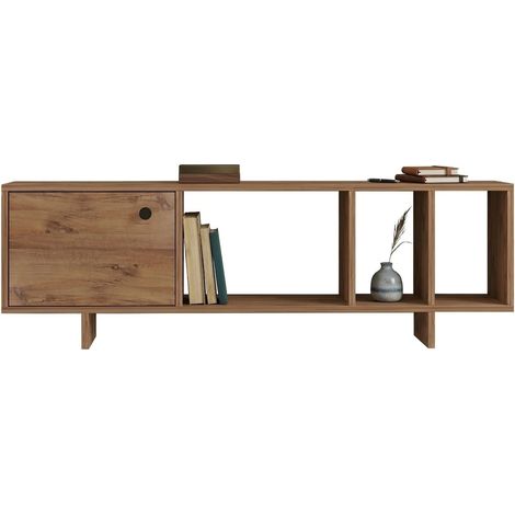 Mueble TV Fumane, 4 compartimentos, una puerta, apertura abatible, 140x29x45h cm, color roble marrón