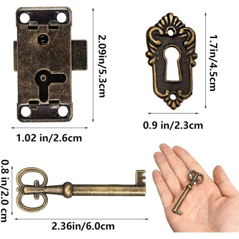 Serrure de meuble vintage avec clé, verrou à ressort en fer pour armoires, tiroirs et boîtes à bijoux en bois, finition bronze (1/3)
