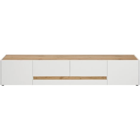 Wohnzimmer TV Schrank CRISP-61 in weiß mit Absetzungen in Wotan Eiche Nb., B/H/T: ca. 220/40/45 cm (1/4)