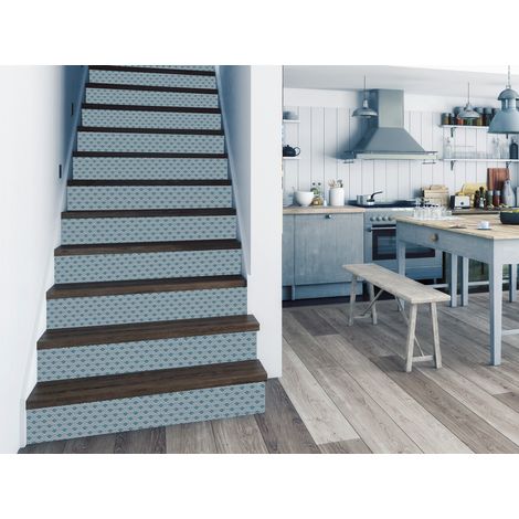 Sticker adhésif déco 100x19,5cm, Contremarche motif blanc/bleu, pour Homestaging, décorez votre intérieur  (1/3)