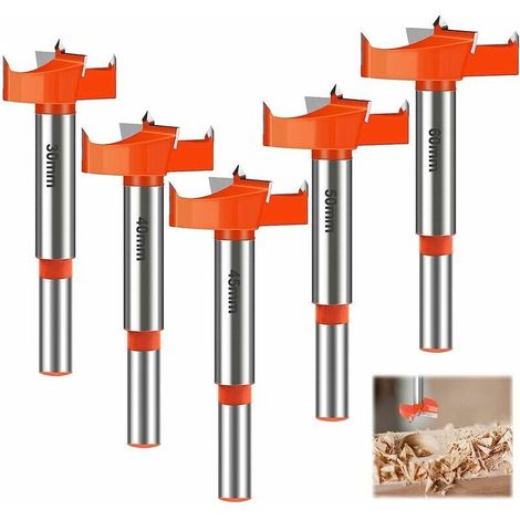 Juego de 5 brocas para madera, brocas de carburo de 30/40/45/50/60 mm, brocas de vástago redondo, brocas para decorar cajones, muebles y proyectos de bricolaje (rojo), Fonepro (1/5)