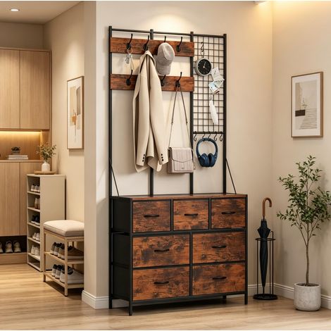 Meuble d'entrée 4 en 1 avec 7 tiroirs en tissu et porte-manteaux (1/5)