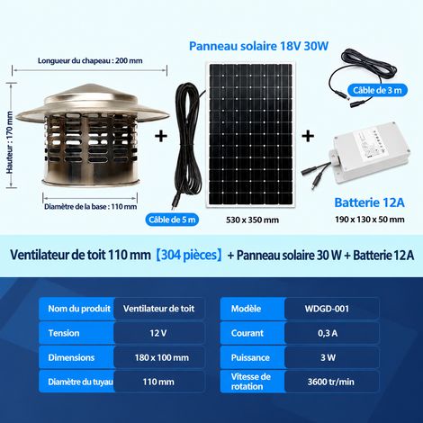 Ventilateur de toit 110 mm modèle métal panneau 30W batterie lithium 12A blanc extraction de toit soufflage d'air 3600 150 0.5 20 × 11 × 17 cm 500 g – Livraison gratuite