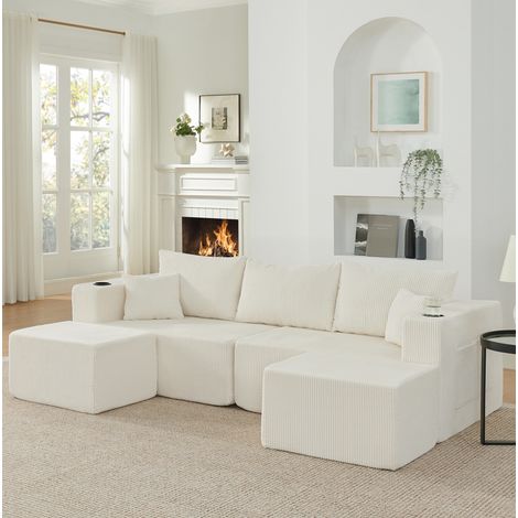 Sofá esquinero modular de 3 plazas beige en pana, con otomanas móviles, portavasos y bolsillos laterales,230x138x75 cm (1/5)