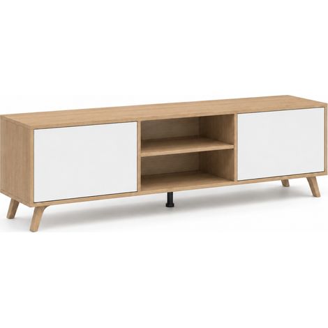 Mobile Porta Televisore Moderno Con 2 Ante Battenti Ripiani Aperti Centrali Design Minimal Per TV Fino A 75 Pollici Zona Living 180 X 39,6 X 49 Cm Bianco E Rovere (1/5)