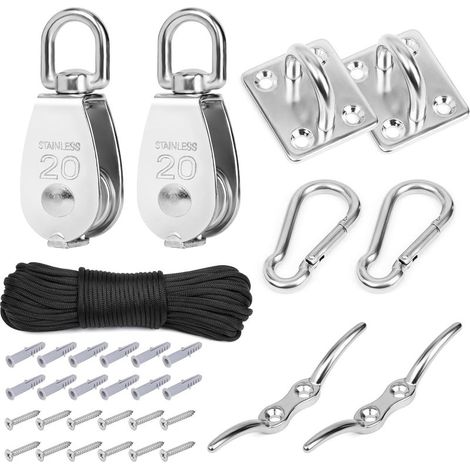 Poulie de Levage en Acier Inoxydable M20 - Crochet Pivotant pour Levage - Roue de Remorquage - Corde en Nylon - Mousqueton - Plaque à Œillet - Capacité de Charge 150 kg (1/5)