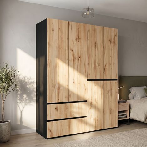 Armoire de Chambre 6 Portes 180x50x200cm Dressing avec 2 Tringles et 5 Tiroirs Penderie Design Moderne Chêne et Noir pour Bureau Entrée (1/5)