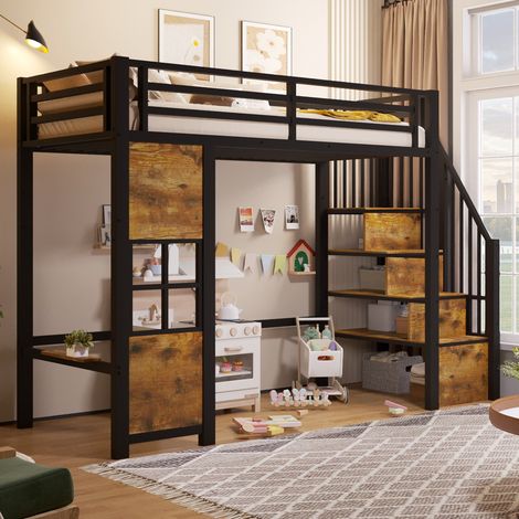 Lit mezzanine 90x200 cm noir en métal et MDF avec escalier de rangement et espace jeu (1/5)