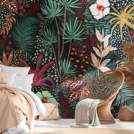 Fototapete Profhome 382741 heißgeprägte Vliestapete glatt mit Dschungel-Design matt grün rot gelb weiß 3,71 m x 2,8 m