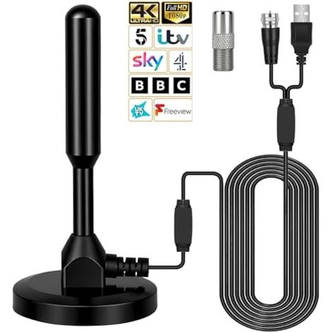 Antenne TV intérieure/extérieure, antenne HDTV, antenne numérique HD portable avec base magnétique, pour TV intelligente, antenne DVB-T/T2, pour Freeview et DAB, câble coaxial 5 m, pour maison, voitur