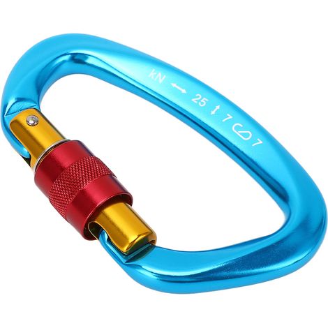 Mousqueton d'escalade robuste en alliage d'aluminium à verrouillage automatique, anneau en D pour camping et randonnée, couleur bleu. (1/5)