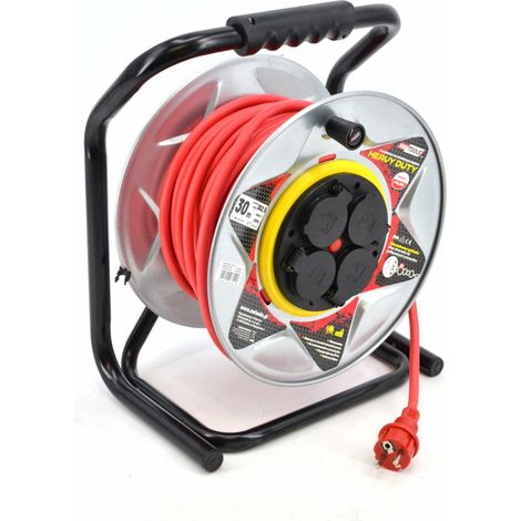 Prolunga avvolgicavo in metallo rosso Heavy Duty, Awtools, modello 25m 3x2,5mm 16A 3680W IP44, ideale per uso esterno, impermeabile e antipolvere, potente e sicuro per gli elettroutensili de alta rich
