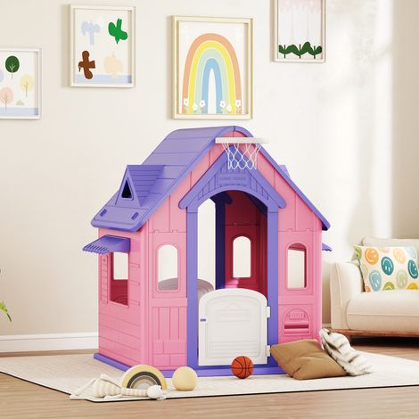 Casita Infantil Exterior e Interior 3 en 1 con Lanzamiento de Aros Baloncesto para Niños de 2-5 Años Rosa y Morado (1/5)