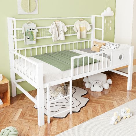 Kinderbett 90x200 niedriges Hochbett mit Stauraum und Kleiderstange, Jugendbett aus Metall mit Rausfallschutz und Ablage, Weiß, 204x95x125.5 cm (1/5)