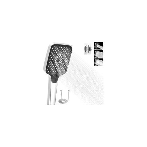 Pommeau de douche haute pression, 3 modes, pommeau de douche pour salle de bain, pommeau de douche à économie d'eau, grand pommeau de douche avec flexible et base (argent) (1/4)