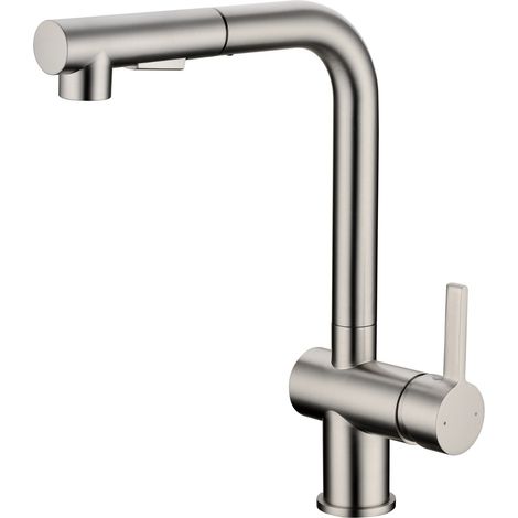 Robinet de cuisine, mitigeur avec douchette extractible, 2 jets et rotation à 360°, robinet d'évier monocommande en acier inoxydable en forme de L (1/5)