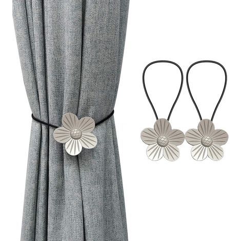 Curtain Loop, 2 Pieces Magnetic Curtain Rope, Curtain Tiebacks, Curtain Straps, Metal Flowers, for Living Room Bedroom Curtains (Silver) (1/5)