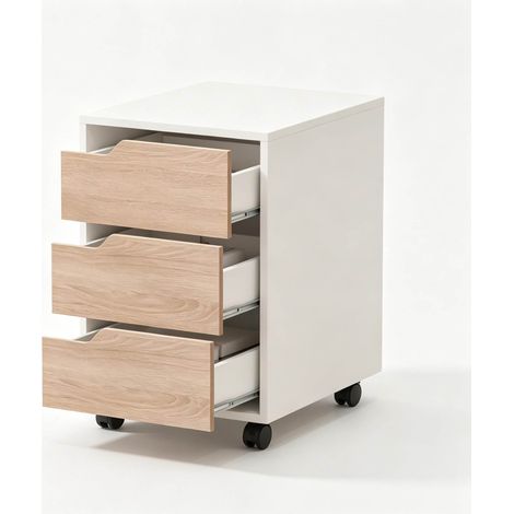 Archivador móvil con 3 cajones de MDF y metal, blanco y roble, 40 x 50 x 57,5 cm (1/5)