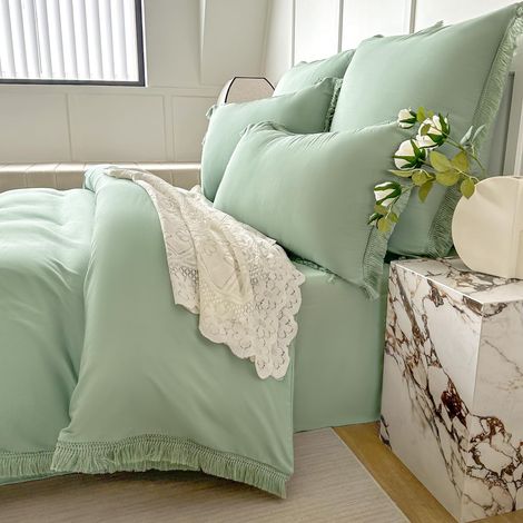 Parure de lit d'été 135 x 200 cm - Vert sauge - Style bohème - En microfibre brossée - Housse de couette 135 x 200 cm - Taie d'oreiller 80 x 80 cm - Avec fermeture éclair - Pour lit simple (1/5)