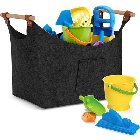 Randaco Panier en feutre avec poignées en bois, panier à bois pour cheminée, panier à bûches 5 mm, gris foncé (1/4)