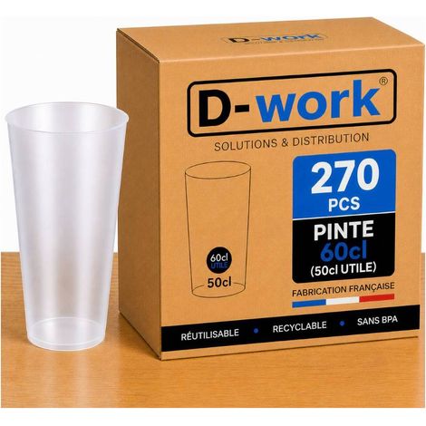 Lot de Verres Gobelets Pinte 60 cl (50 cl utile) Réutilisables en Polypropylène Sans BPA, Translucides, Résistants et Recyclables, Idéal Bière, Bars, Festivals, Mariages - D-Work