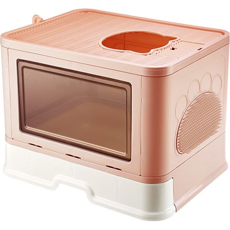Litière pour chat fermée, pliable brossage en fourrure tiroir facile à nettoyer grande capacité 48,5 x 36,5 x 38 cm Rose (1/5)