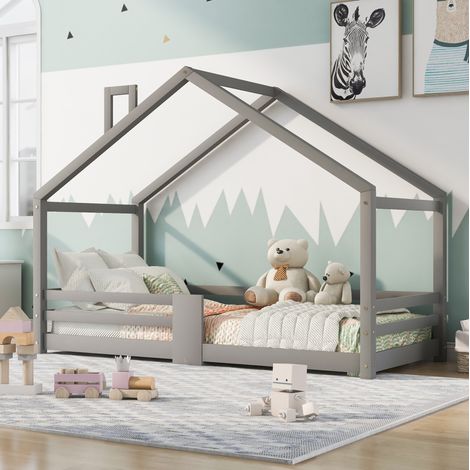 Letto per bambini a casetta in legno massello di pino grigio 90x200 cm con barriera anticaduta e rete a doghe inclusa (1/5)