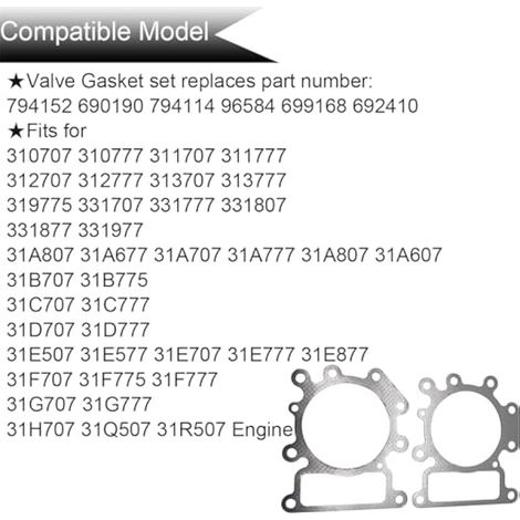 Kit de Joint de soupape Compatible pour Briggs Stratton 794152 690190 794114 796584 310707 310777 311707 31A807 31E877 31Q507 31R507 Moteur, Joint de Culasse, Joint de Couvercle de culbuteur (1/5)