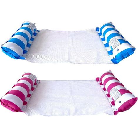 Set aus 2 aufblasbaren Wassermatratzen, schwimmenden Hängematten, 4-in-1-Hängematten, faltbaren Pool-Hängematten, Strandstühlen (blau + rosa) (1/5)