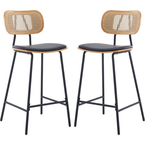 Bar Stools 2Pcs in Rattan Counter Chairs with Metal Legs Breakfast High Stools for Home Bar Kitchen Dining Room, Black, Wahson (1/5)