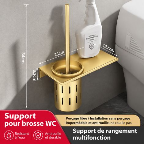 Porte-balai brosse WC en aluminium doré brossé modèle long avec tablette de rangement mural 550 g – Livraison gratuite (1/2)