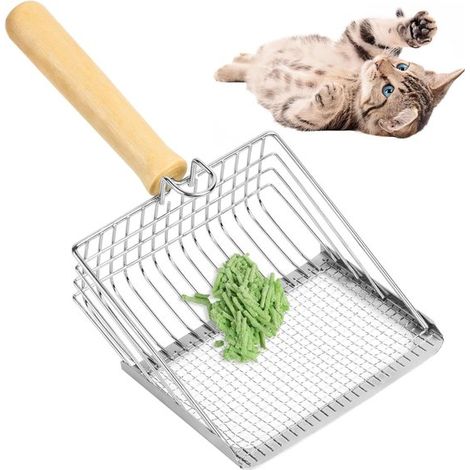 Ronte - Pelle à litière en métal avec manche en bois - Tamis - Pelle à déjections antiadhésive - Pour chat. Argent (1/5)