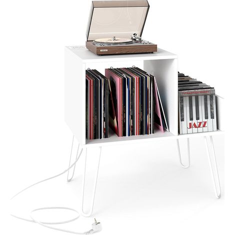 COSTWAY Support Tourne-Disque avec Prise, Meuble Tourne-Disque Vinyle pour 145 Albums, Station de Charge, 2 Ports USB, 4 Pieds Amovibles, 3 Séparateurs, Étagère sur Table(Blanc) (1/5)