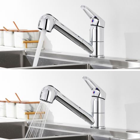 Auralum Robinet Cuisine Douchette, Mitigeur Cuisine avec Douchette, Robinetterie de Cuisine avec Douchette Extractible Rotatif à 360° Froid & Chaud Disponible, Chromé (1/9)