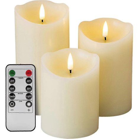 Bougie sans flamme en cire véritable avec mèche et télécommande, lot de 3, bougie pilier LED électrique à piles, bougie factice ivoire avec minuterie, diamètre 7,6 cm (3 pouces), 4, 5 ou 6 pouces. (1/5)