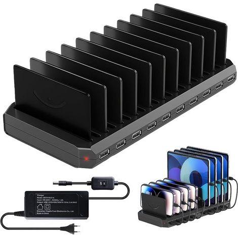 Stazione di ricarica USB multi-dispositivo da 60 W, caricabatterie da tavolo a 10 porte con divisori regolabili e cavo di alimentazione da 1,5 m. (1/5)