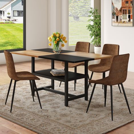 REDOM Set da pranzo, tavolo rettangolare con vano portaoggetti integrato, 4 sedie confortevoli, MDF metallo tessuto tecnico marrone nero