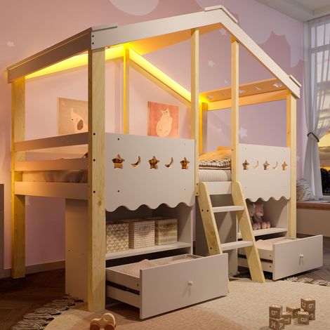 Lit mezzanine mi-hauteur, 90x200cm, forme maison, 2 tiroirs, éclairage LED, sans matelas, blanc et naturel, garantie 2 ans (1/5)