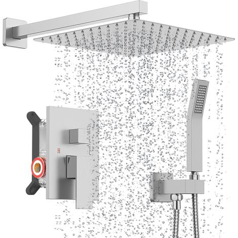 Colonne de Douche Encastrée, Ultrixe Kit de Douche Complet Encastré avec Tête de Douche Carrée 8,0 pouces, Laiton&Acier Inoxydable, Douchette, Ensemble Douche Encastrer - Argent