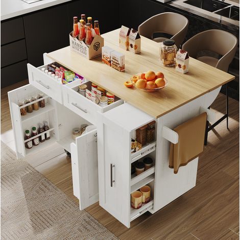 Carrito de cocina 134,5x74x90,5 cm con 2 puertas, 2 cajones, bandeja de mesa plegable, armarios extensibles, toallero, especiero, blanco (1/5)